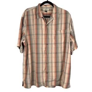 Men's Tommy Bahama 100% Silk Plaid Brown Collared Button Down Short Sleeve Tee-L